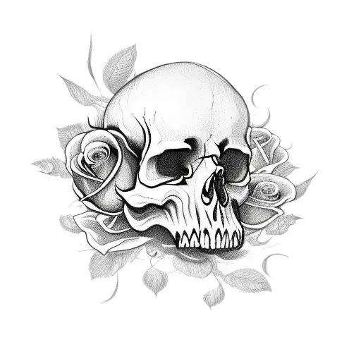 Skull With Flames Roses And Butterflys