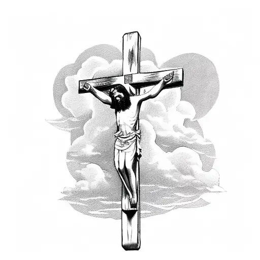 Jesus On The Cross With Clouds Behind Him And Doves Flying Around Him