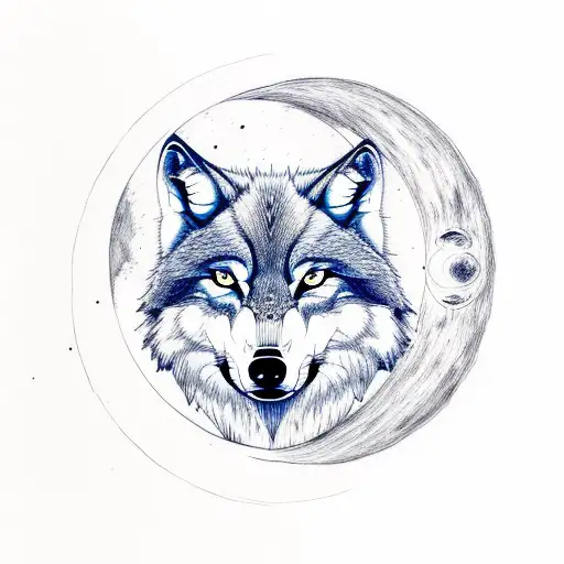 Entire Wolf With Different Color In His Eyes With Some Trees In The Background And The Moon