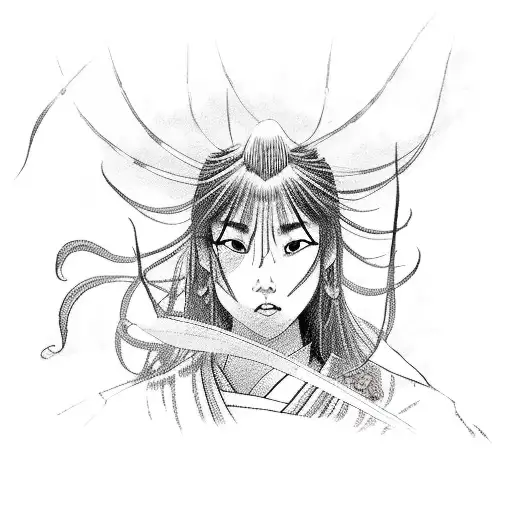 Female Samurai With Red Spider Lilies Behind Her