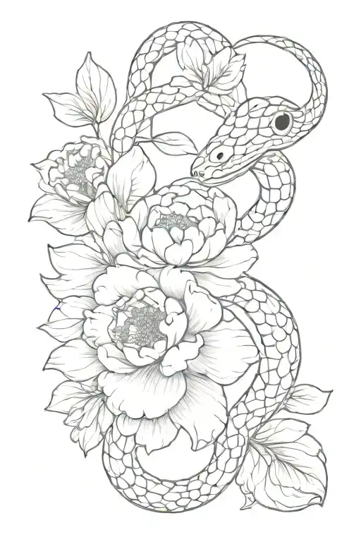 A Minimalist Tattoo Of A Snake With Peony Flowers Blooming From Its Scales