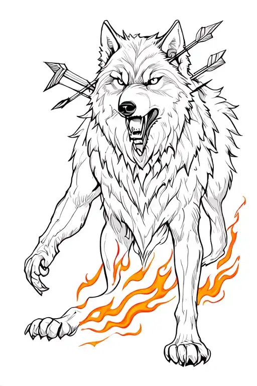 Full Body Of An Enraged Wolf With Arrows Stickings From Its Neck And Flames Below Its Paws