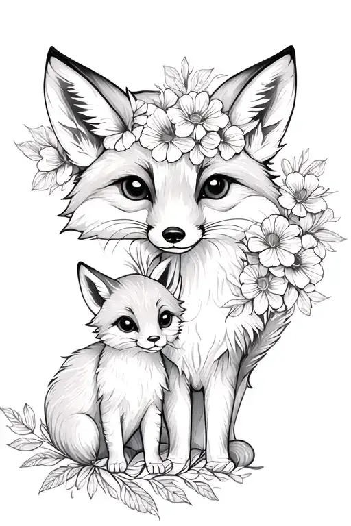 Fox And Cub With Flowers Blooming