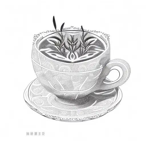 A Coffee Cup With Intricate Patterns Made Of Plants And Cats