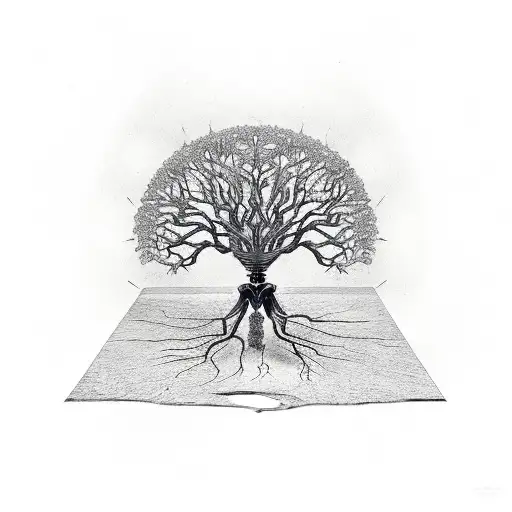 Tree Of Life With Saw Blade Cutting Through With Skeleton Roots