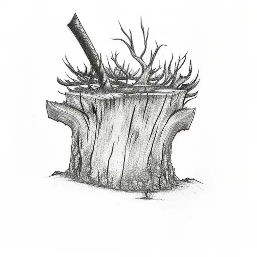 A Tattoo Drawing Of A Sprouting Tree Stump With An Axe Stuck On It