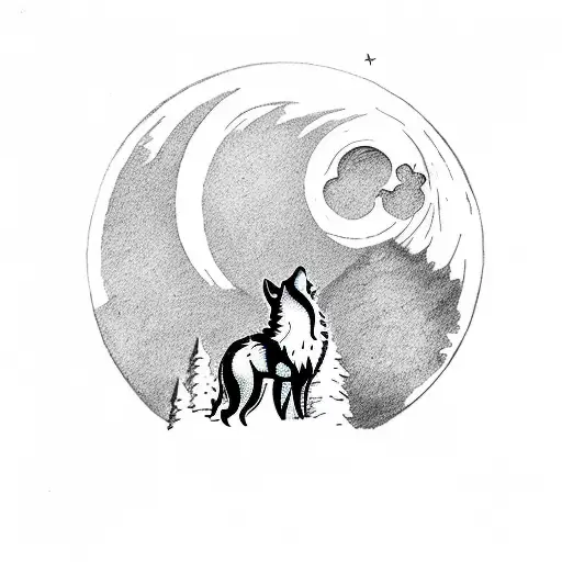 A Silhouette Of A Wolf Howling At The Moon With Mountains In The Background