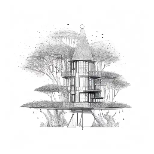 An Architectural Blueprint Of A Treehouse Surrounded By Nature