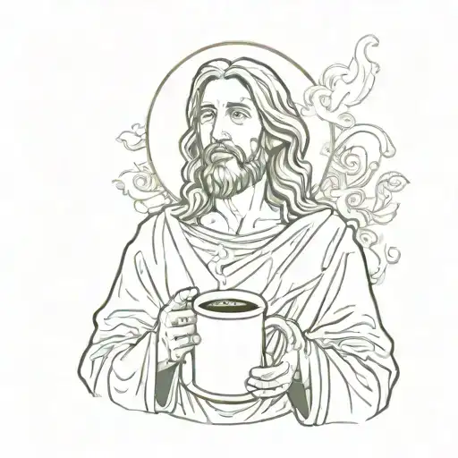 Jesus With A Mug Of Coffee And A Cigarette In His Hands