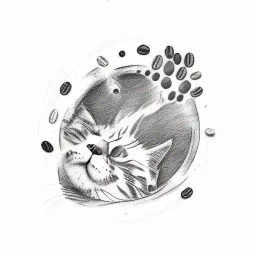 A Sketch-style Tattoo Of An Artist's Palette With Coffee Beans And A Cat Paw Print