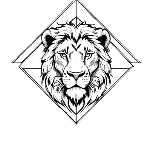 A Sketch Style Tattoo Of A Lion Surrounded By Geometric Shapes Representing Strength And Loyalty