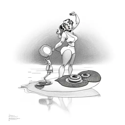 Pin Up Girl With Strong Man Weight Standing On Lily Pad