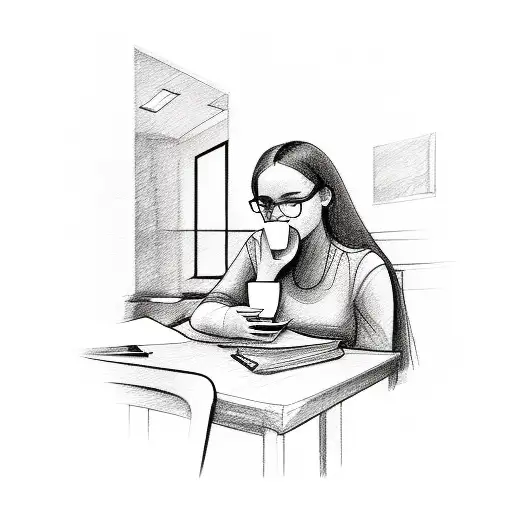 A Sketch Of A Student Studying While Sipping Coffee