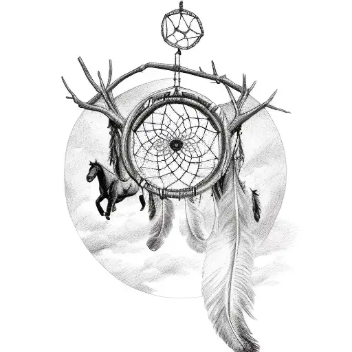 Dreamcatcher Hanging From A Tree Branch With Horses Running Below