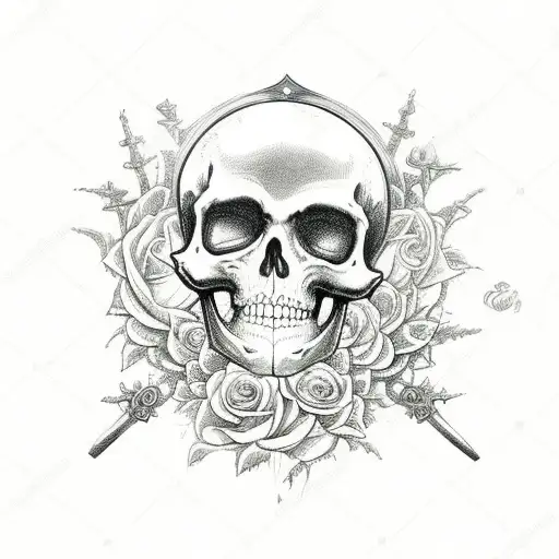 Sword Surrounded By Gothic Roses And Skeleton Hand With Crescent Moon Behind Filled With Webs