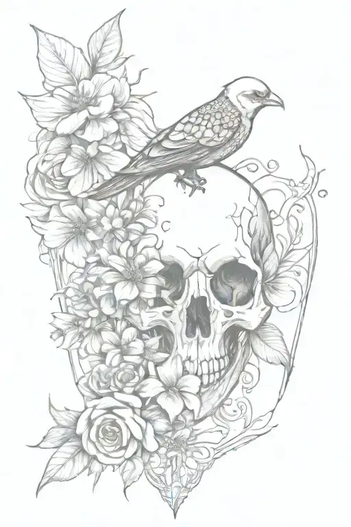 Bird Skull With Frame And Flowers Surrounding