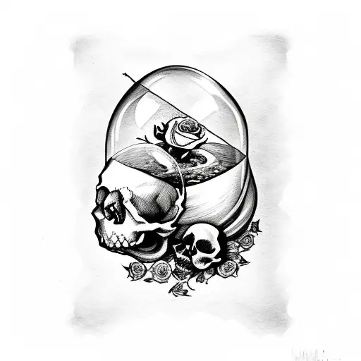 Skull Inside Hourglass And Wilted Rose Petals Falling