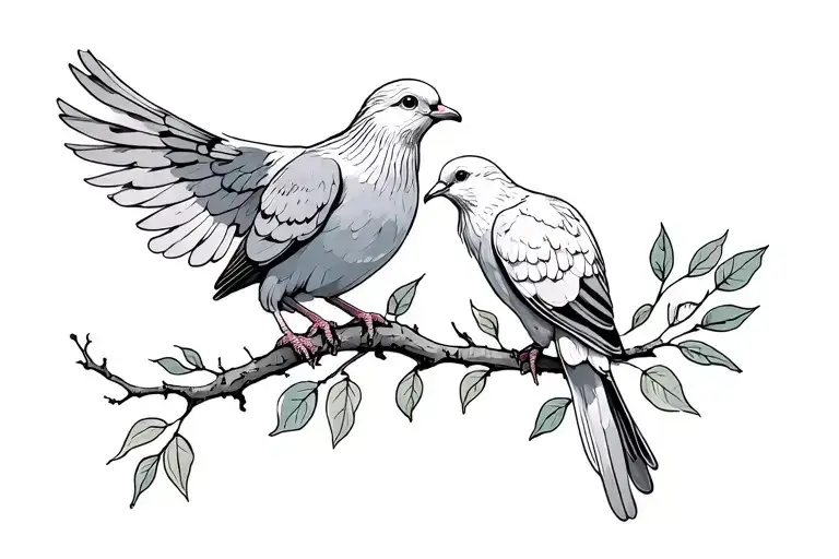 Dove Sitting On Branch With Leaves Looking At Another Dove Flying Away