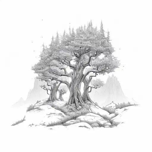 A Family Of Trees Hiking Up A Mountain