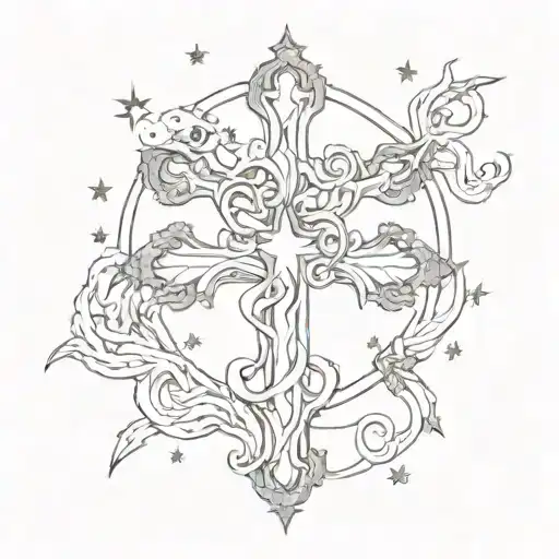 A Sketch Of A Gothic Cross Intertwined With Snakes And Surrounded By Stars