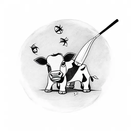 A Geometric Tattoo Of A Cow Playing Cricket Together