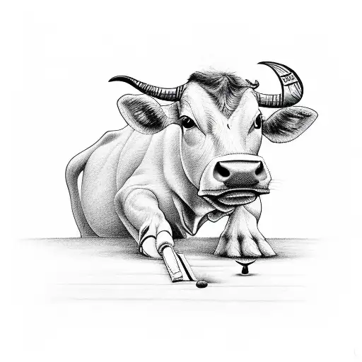 A Fineline Tattoo Of A Cow Playing Cricket Together