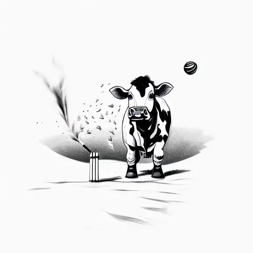 A Fineline Tattoo Of A Cow Playing Cricket Together