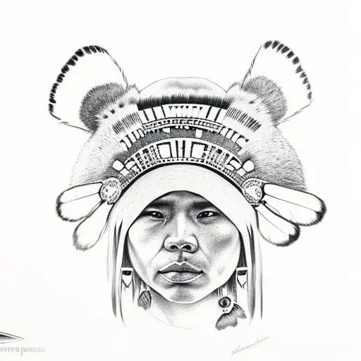 Young First Nations Woman With A Head Of A Bear As A Hat