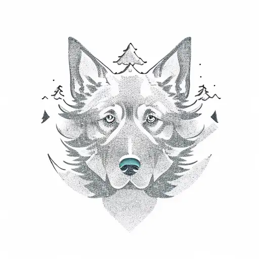 A Majestic Dog Silhouette Against A Backdrop Of Mountains And A Serene Lake