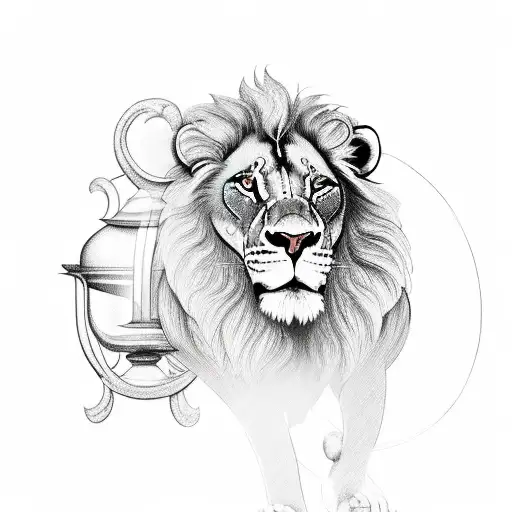 Lionnes And Male Lion With Rose And Hourglass