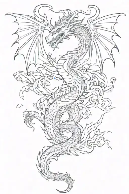 A Dragon Tattoo Full Body Flowy Design Combining Elements In Vertical Straight Line