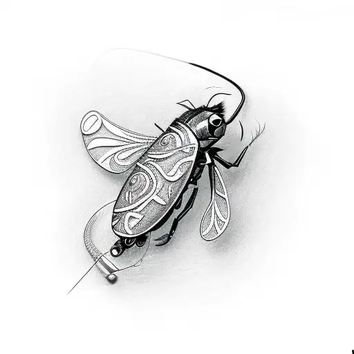 A Detailed Sketch Of A Fly Fishing Lure With Intricate Patterns And Shading