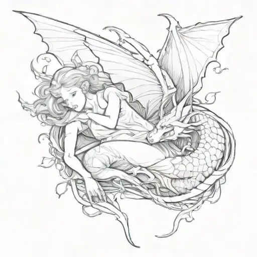 A Small Fairy Flying Over A Laying Down Sleeping Dragon