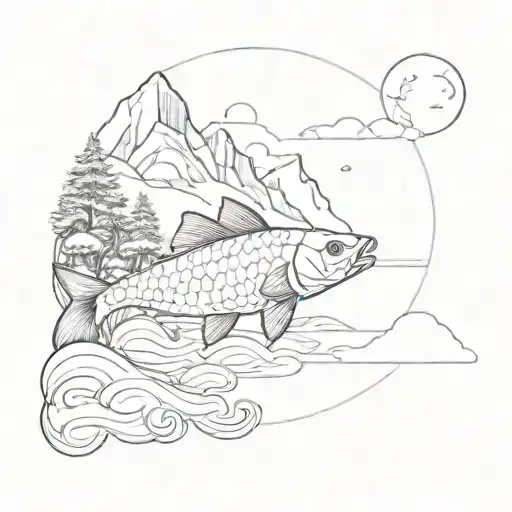 An Islnad With A Large Moutain With A Carp Fish Circuling Around It