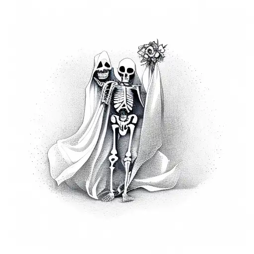 Skeleton In Cloak Dancing With Woman With Flowers