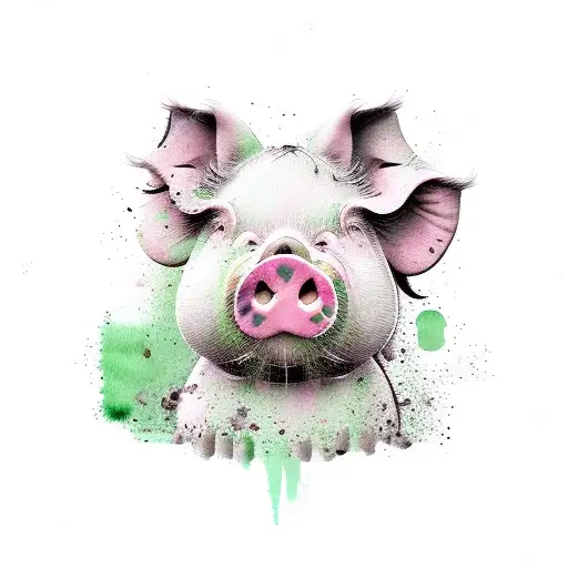 Comic-style Muddy Pig As A Patch On A Watercolour Background In Green And Purple Shades