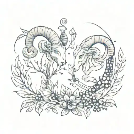 A Sketch Style Tattoo Of The Aries And Aquarius Zodiac Signs Intertwined With Blueberry Branches