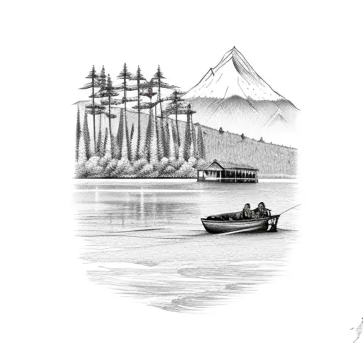 River Bank With Fishing Boat And Trees And Mountains In Background