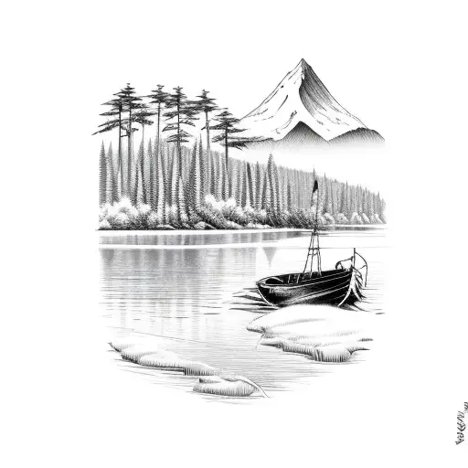 River Bank With Fishing Boat And Thick Evergreen Trees And Mountains In Background