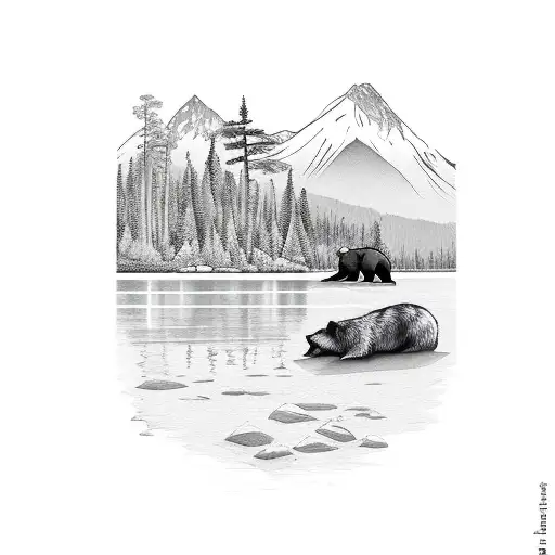 Rocky River With Bear And Thick Evergreen Trees And Mountains In Background