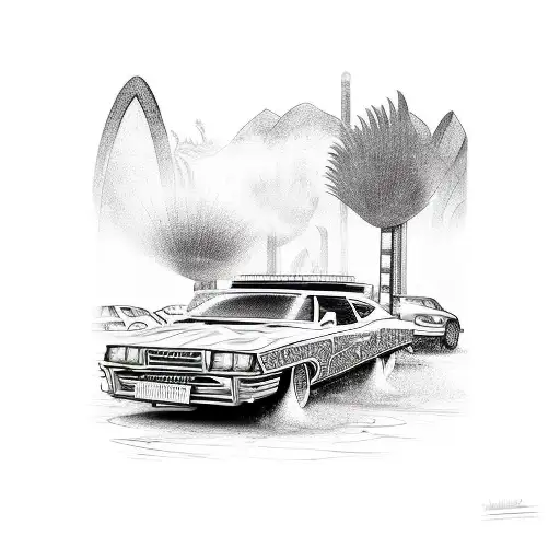 A Car Wash Scene With Maori Patterns In The Background