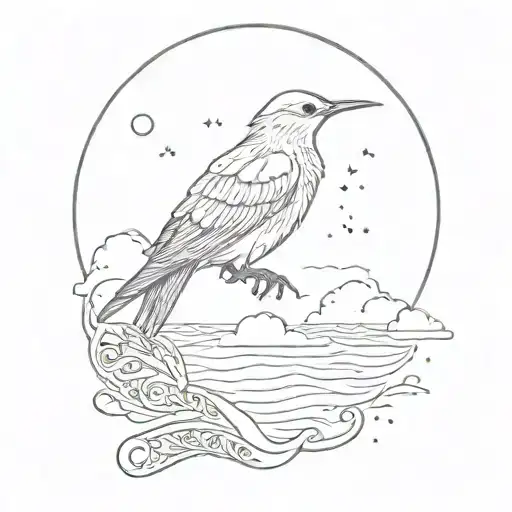 Simple Bird Over Moon Over Ocean Tattoo Design
