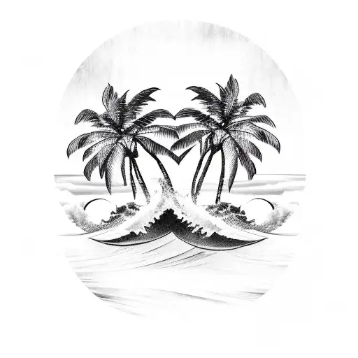 Two Palm Trees With Wave And Sunset