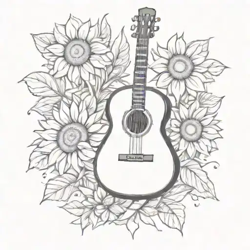 An Acoustic Guitar Surrounded By Sunflowers