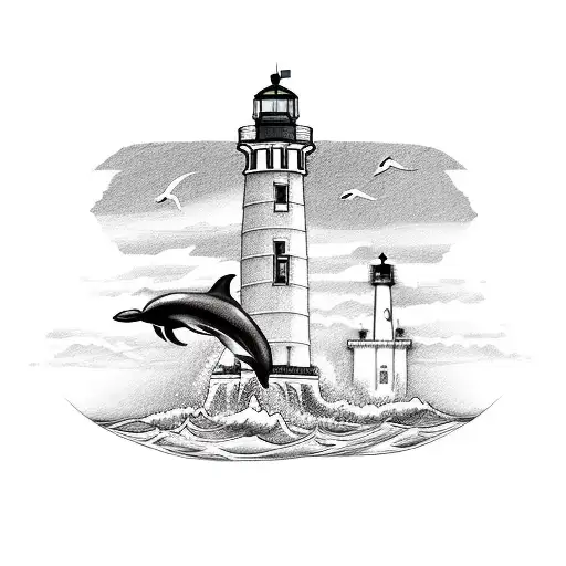 Dolphins Jumping In Front Of A Lighthouse