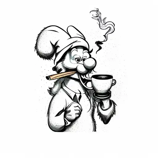 Cartoon Smurf Smoking A Cigar And Cup Of Coffee In Other Hand Wearing A Leopard Print Dress