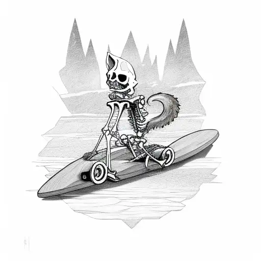 A Longboard With A Skeleton Cat Riding It