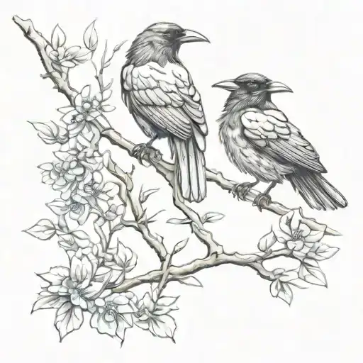 Raven On Branch Above Sparrow On Meadow Grassp