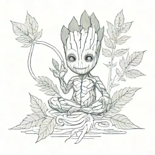 Pulse From Which A Cannabis Leaf Grows In Front Of A Baby Groot