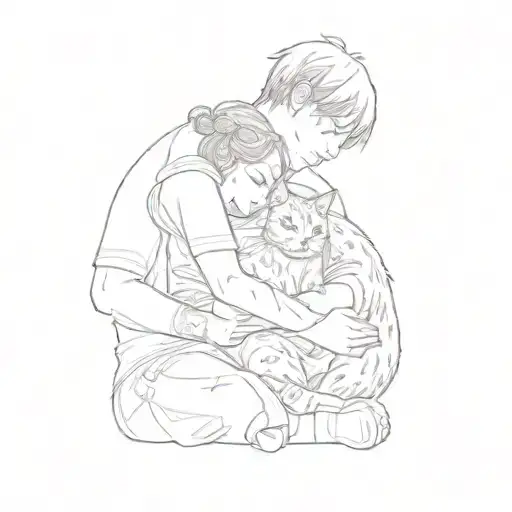 A Couple Hugging A Cat